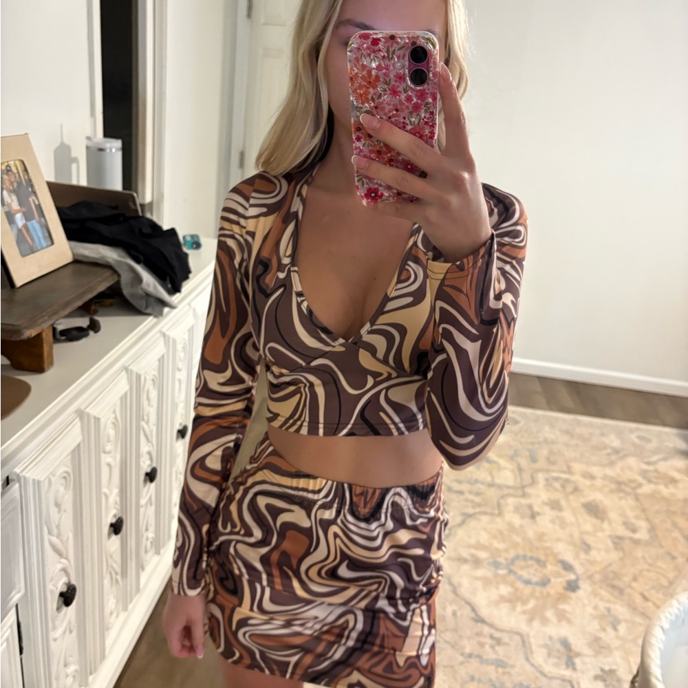Brown and Tan Swirl Print Two-Piece Set